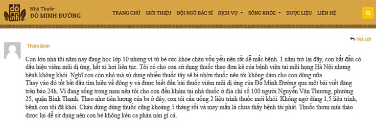Phản hồi người bệnh về bài thuốc viêm mũi dị ứng Đỗ Minh Đường