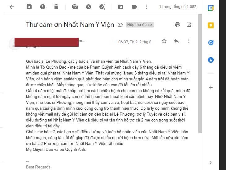 Phụ huynh gửi email cảm ơn các bác sĩ của Nhất Nam Y Viện.