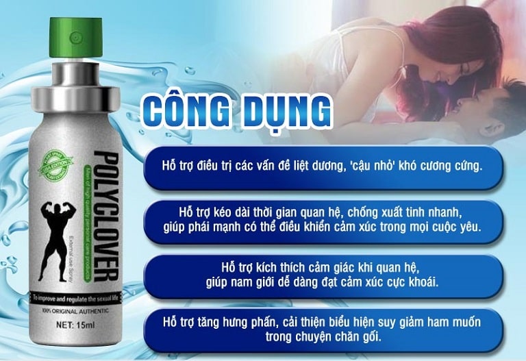 Chai xịt PoChai xịt Polyclover Climax có tác dụng tương tự như thuốc chống xuất tinh sớmlyclover Climax chống xuất tinh sớm, tăng cường sinh lý nam